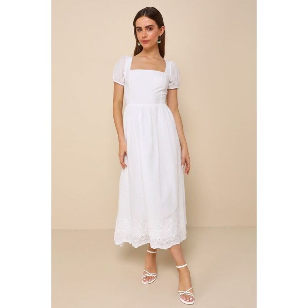 Lulus Stylish Merriment White Puff Sleeve Embroidered Midi Dress - Size XL